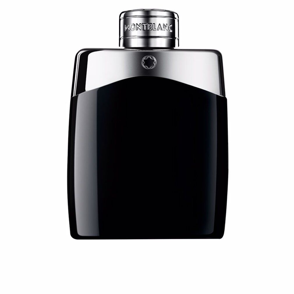 Flacon noir avec bouchon argenté. Inscription: MONTBLANC. Logo. Flacon sur fond blanc.