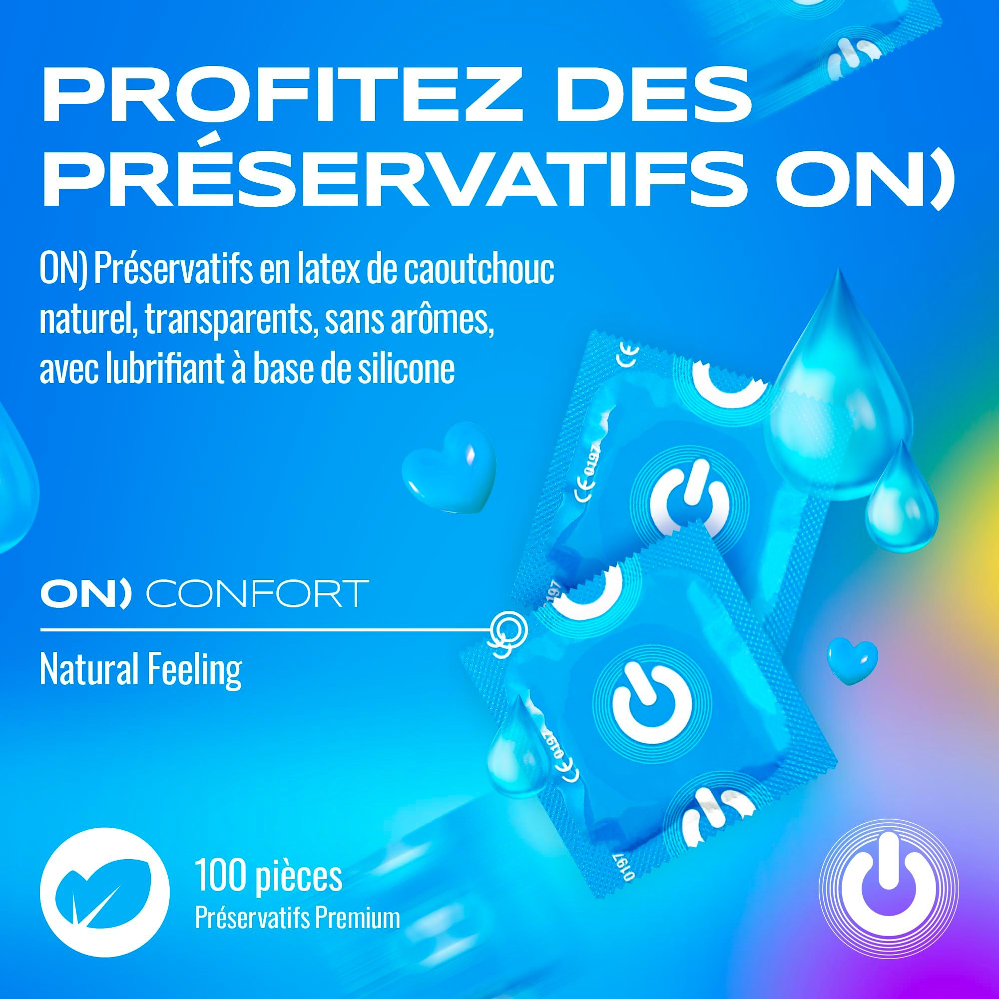 Image produit : 100 préservatifs, emballés individuellement, bleus avec logo blanc.