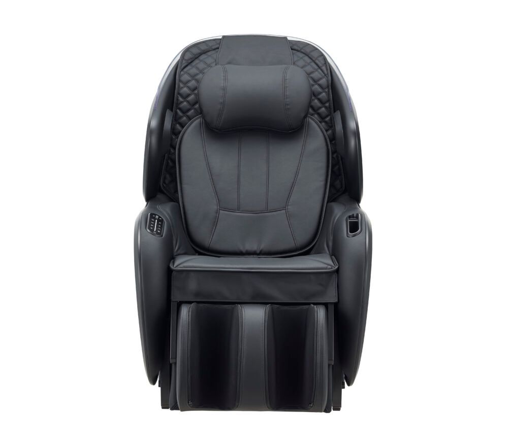 Fauteuil de massage noir. Appui-tête et assise matelassés. Accoudoirs intégrés. Vue de face, isolé.