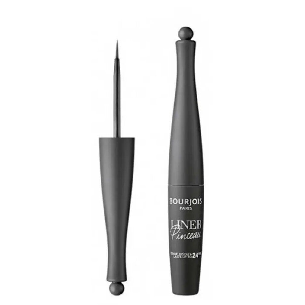 Zwarte eyeliner met penseelapplicator. Fles met kogelvormige dop. Opschrift: Bourjois Paris, Liner Pinceau Waterproof 24H.