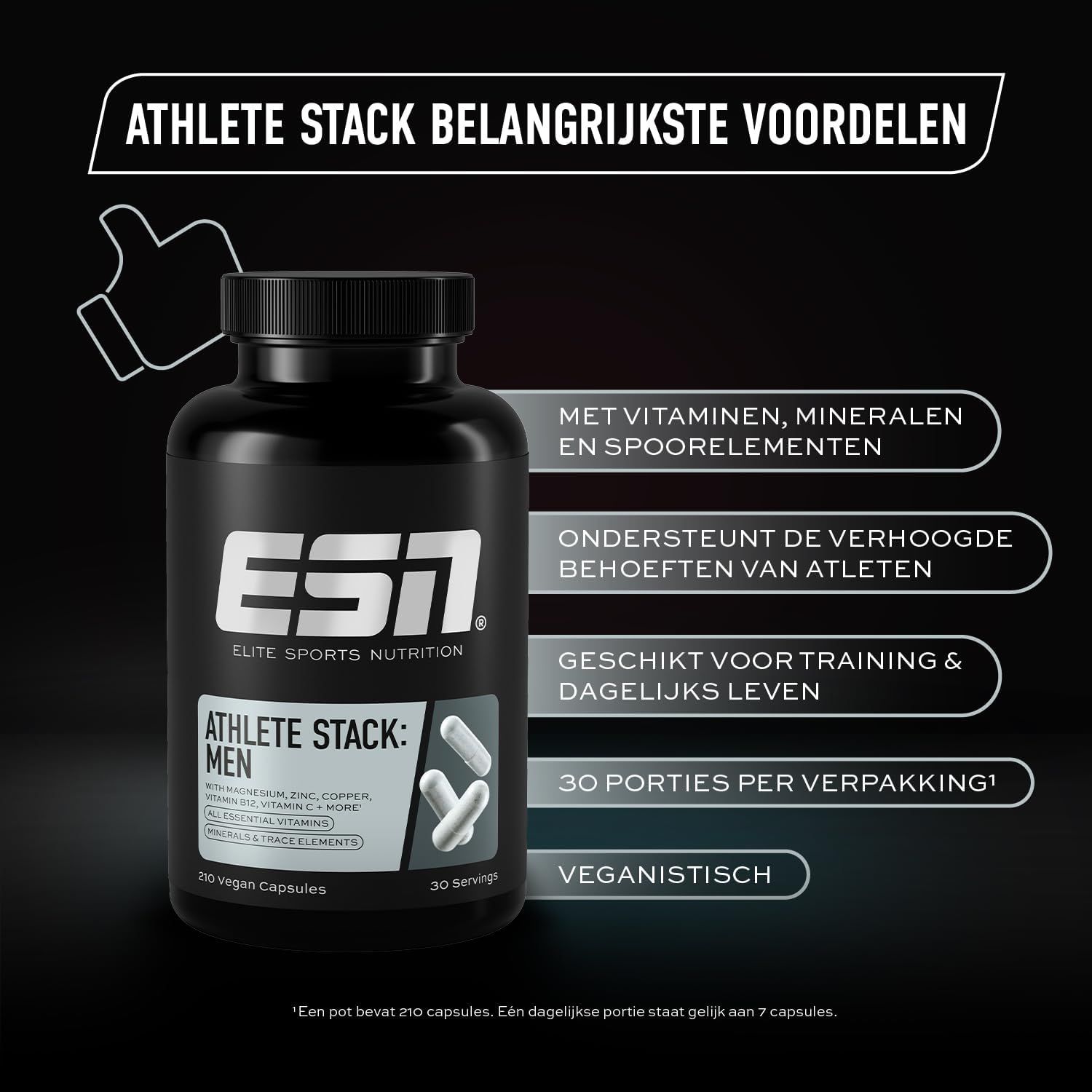 Capsules vallen in een glas water. Iconen: mannen-symbool, loper, vitaminen & mineralen. Titel: 'All-in-One-Support for Athletes'.