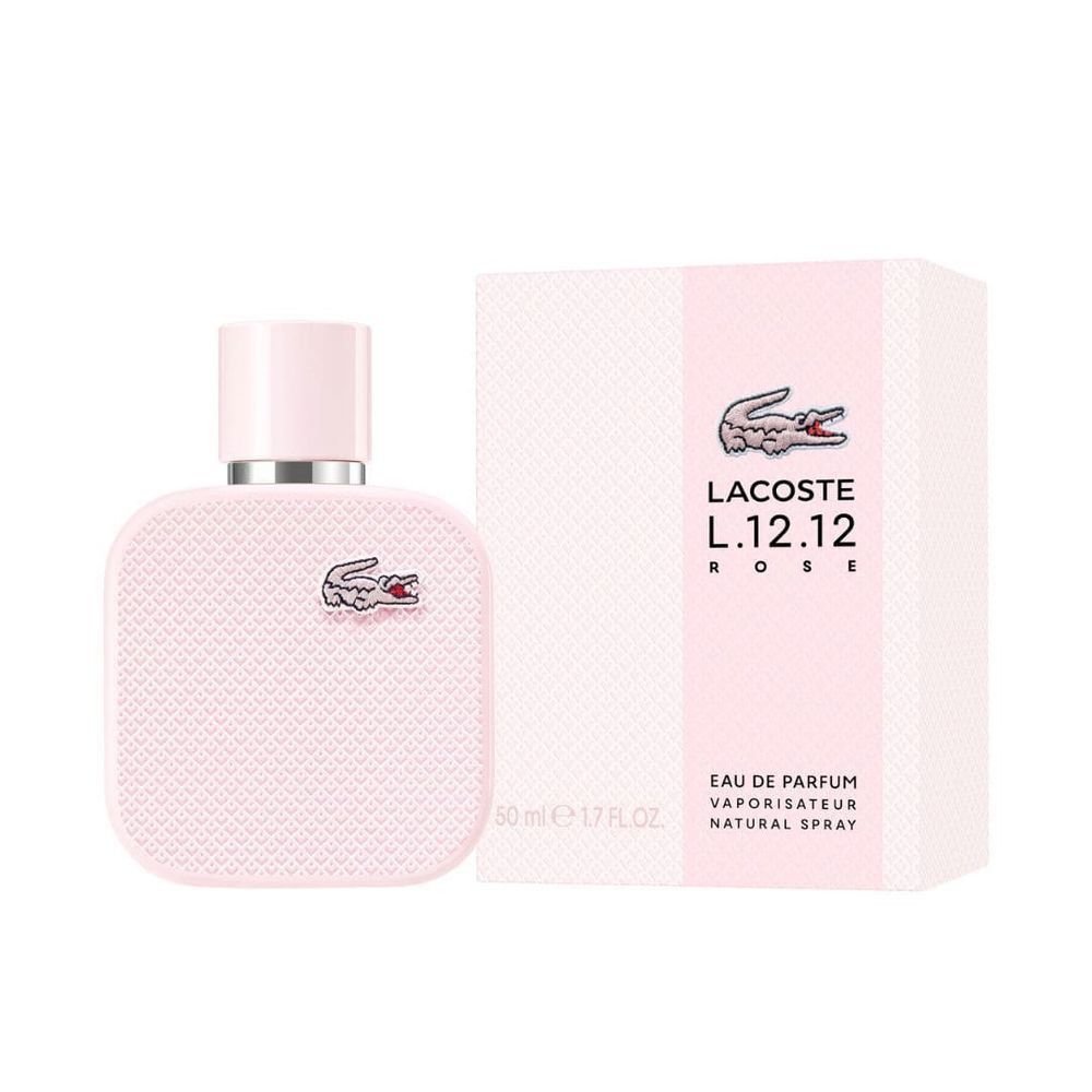 Flacon et emballage roses. Flacon avec logo crocodile. Emballage avec logo et nom du produit.