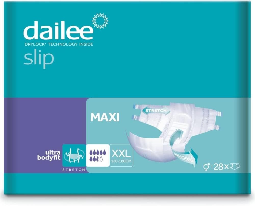 Paquet de Dailee Slip Maxi. Turquoise et blanc. Image du produit. Taille XXL, 28 pièces.