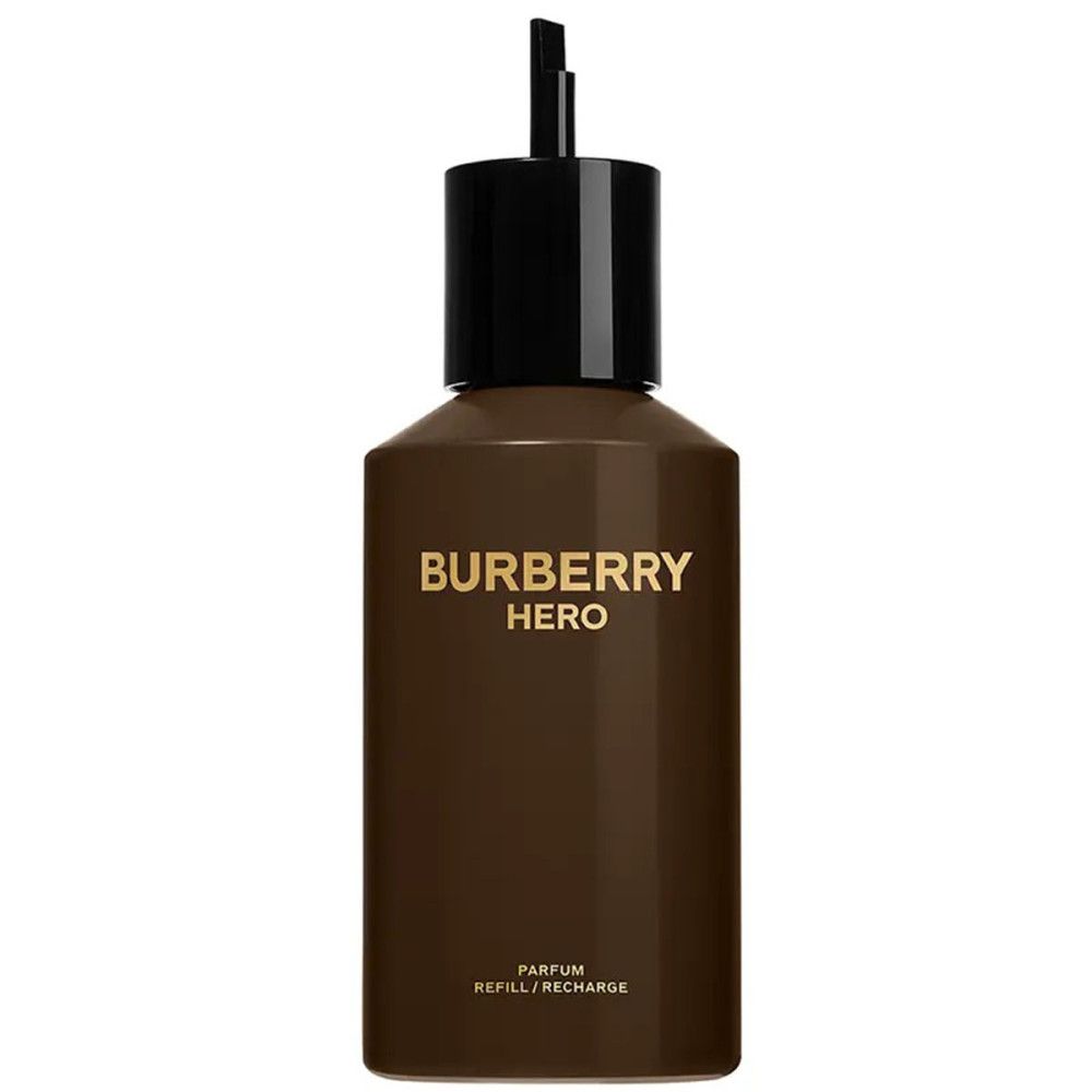 Bruine flacon met zwarte dop. Opschrift BURBERRY HERO in goud. Daaronder PARFUM REFILL/RECHARGE.