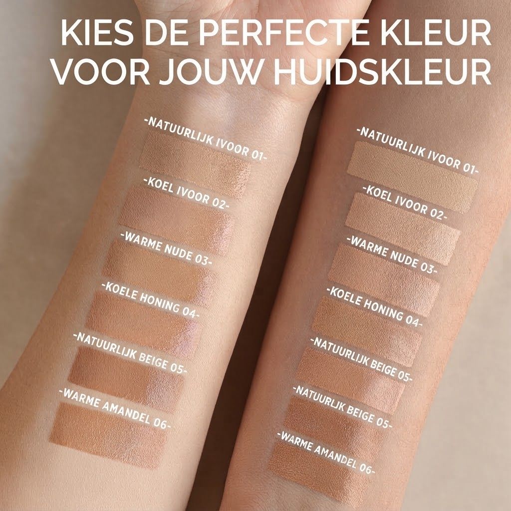 Zes verschillende foundationkleuren aangebracht op twee onderarmen.