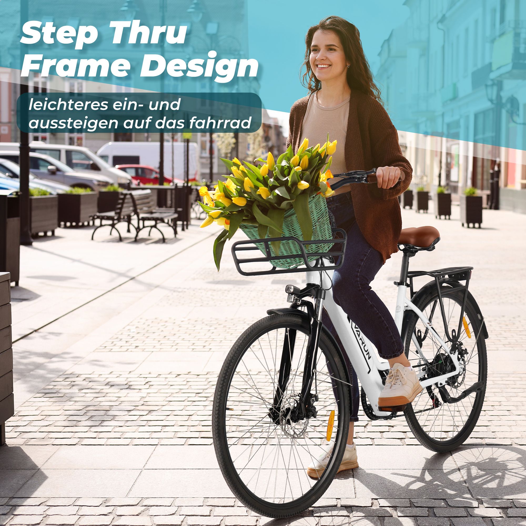 Vrouw op e-bike met mand. Gele bloemen in de mand. Tekst: Step Thru Frame Design, gemakkelijke instap.