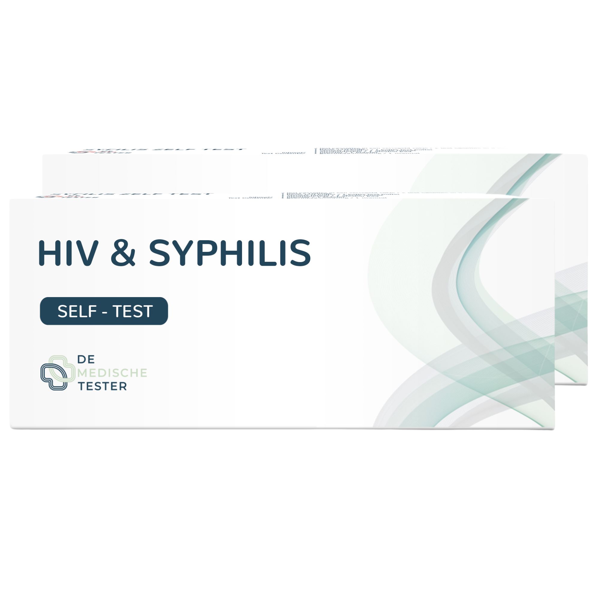 Deux boîtes de test d'auto-dépistage VIH et Syphilis. Emballage blanc avec texte bleu et logo. "SELF-TEST" et "DE MEDISCHE TESTER" visibles.