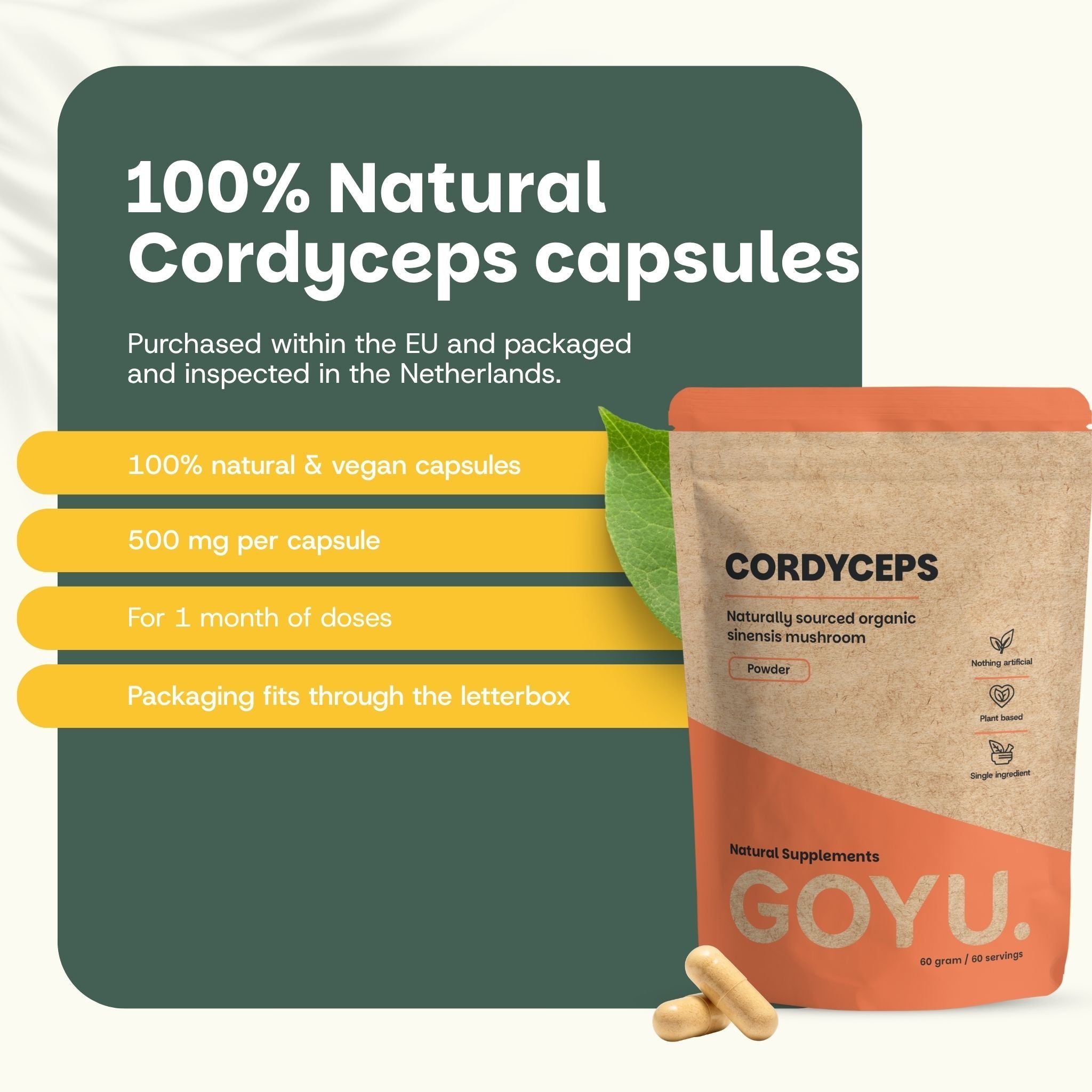 Paquet de capsules de Cordyceps à côté d'une liste de caractéristiques du produit et de texte.
