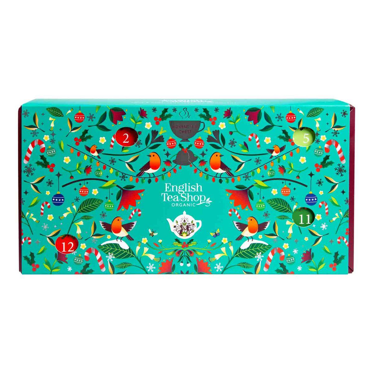 Adventskalender met kerstontwerp. Turquoise doos met cijfers en kerstmotieven. Merk: English Tea Shop.