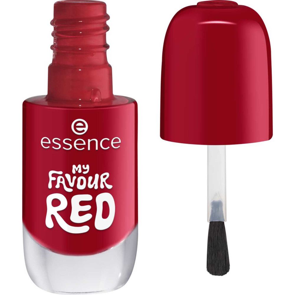 Vernis à ongles rouge, flacon ouvert, pinceau visible. Inscription "essence", "MY FAVOUR RED".