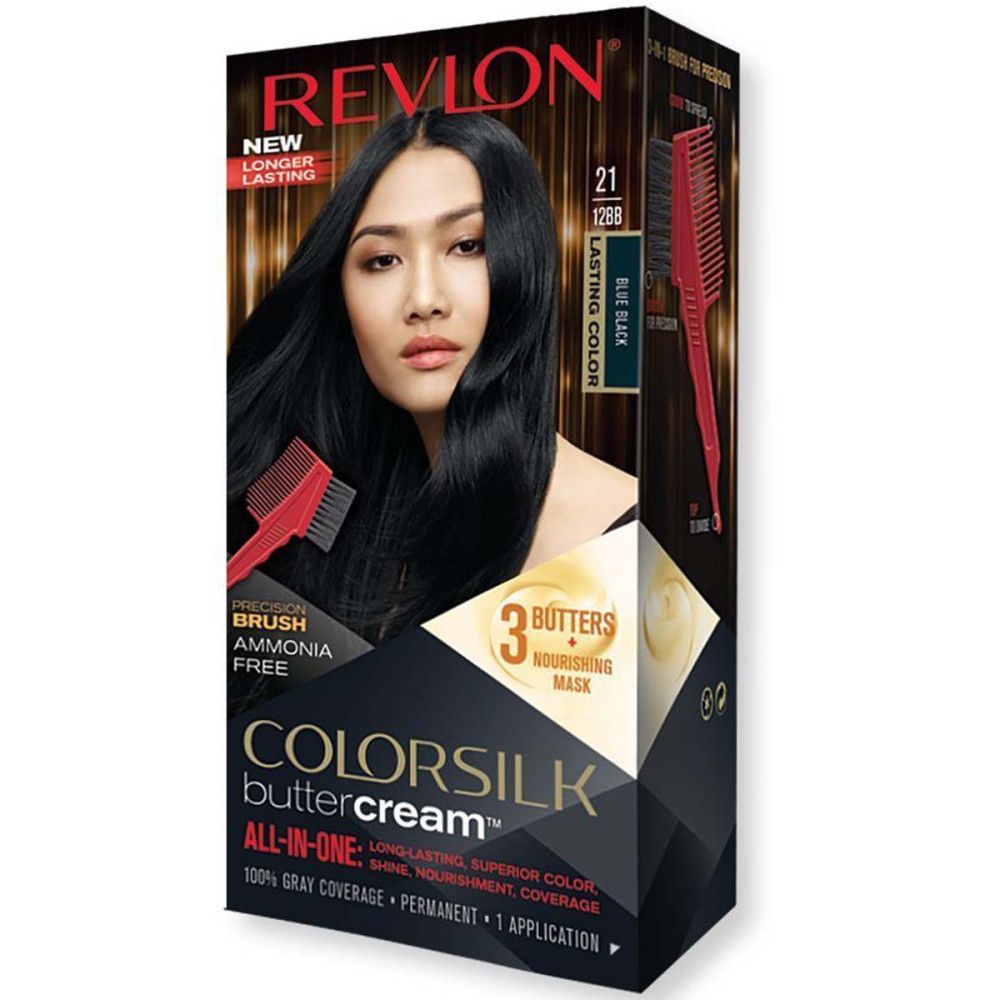 Boîte de coloration capillaire Revlon Colorsilk Buttercream. Modèle avec cheveux noirs. Contient une brosse. Couleur: Bleu noir. Couvre les gris.