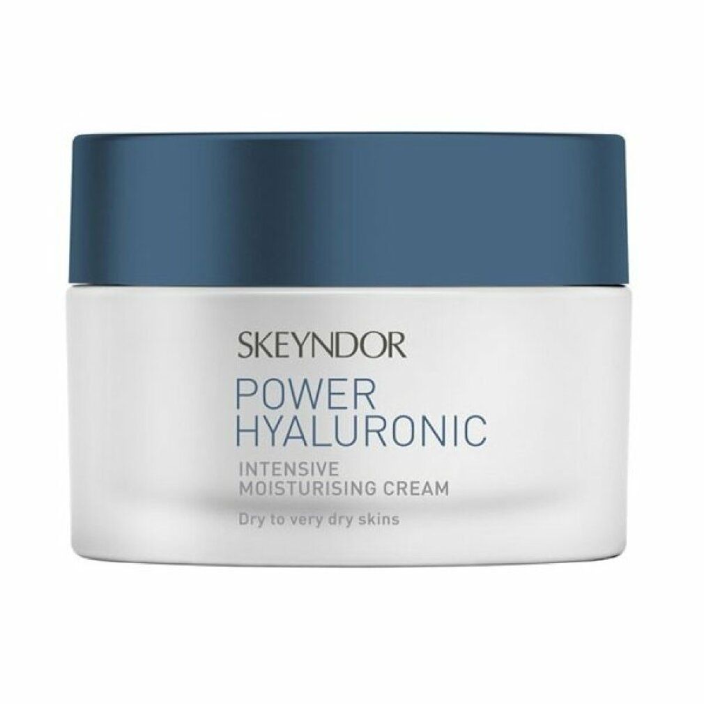 Crèmepot met blauw deksel. Opschrift: SKEYNDOR POWER HYALURONIC, INTENSIVE MOISTURISING CREAM. Voor droge tot zeer droge huid.