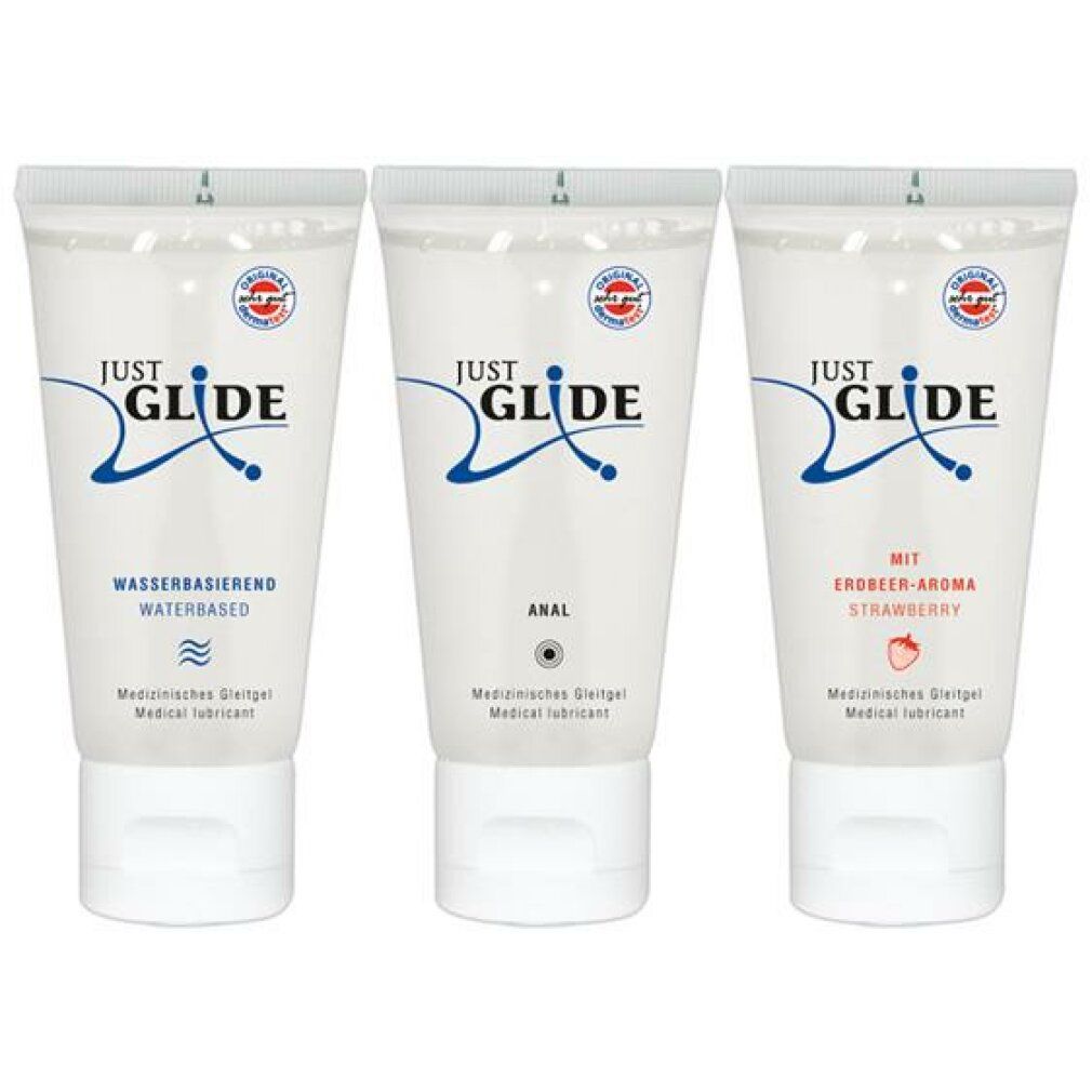 Trois tubes de gel lubrifiant : à base d'eau, anal et arôme fraise.