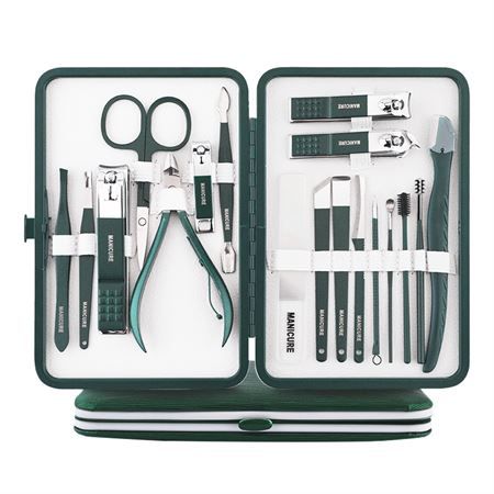 Donkergroene manicure set met 16 tools, geopend en neergezet.