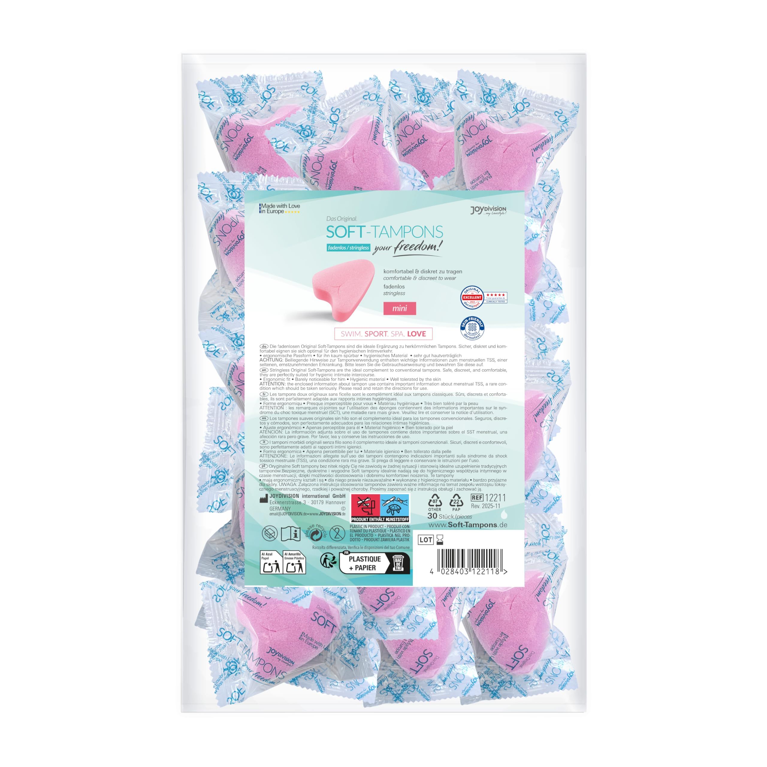 Emballage de 30 tampons cœur roses emballés individuellement.