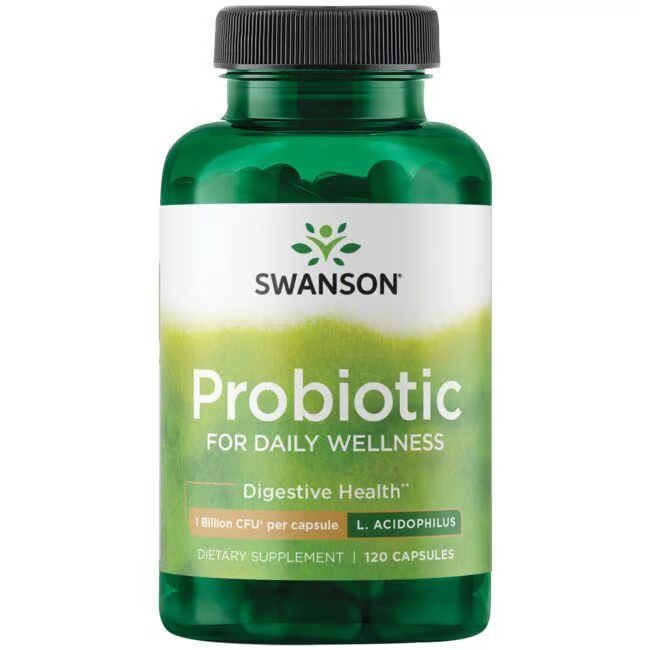 Flacon vert avec bouchon noir. Étiquette blanche avec informations produit. Inscription : Swanson, Probiotique.