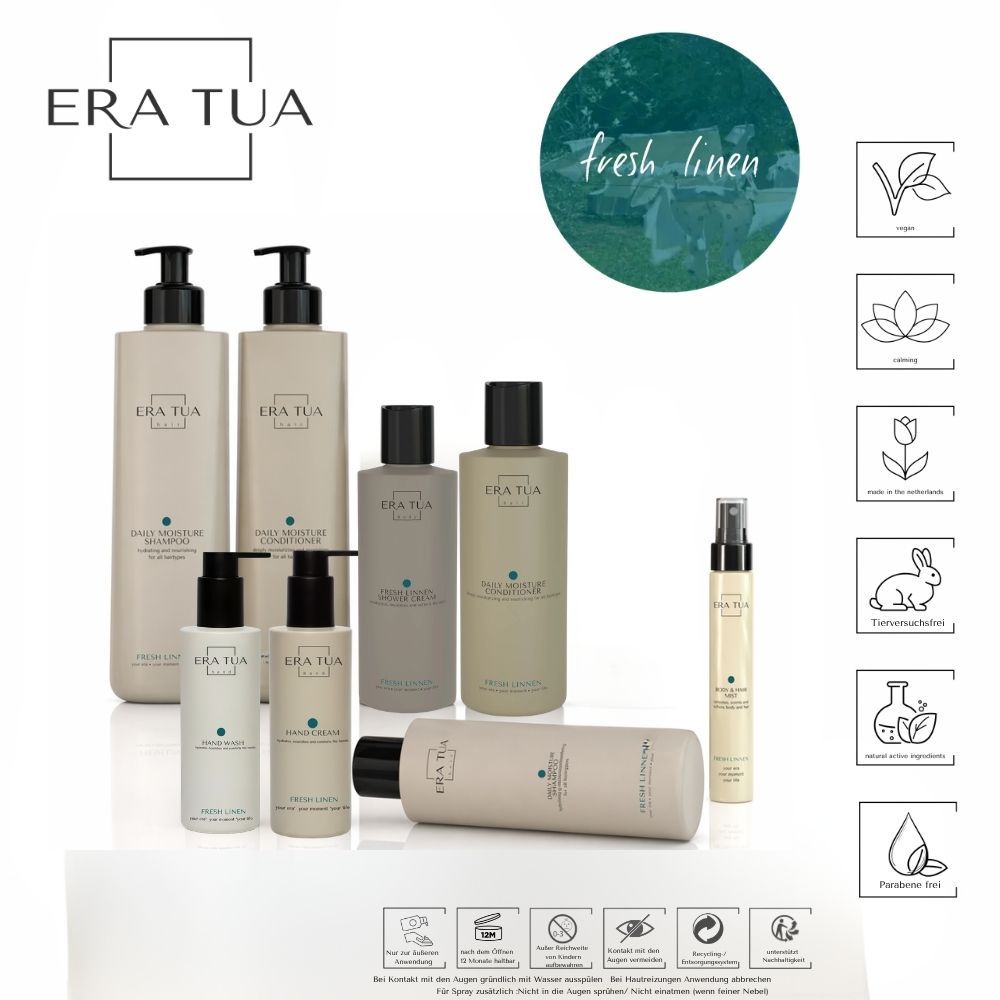 Divers produits Era Tua. Flacons, distributeurs, sprays. Texte: Era Tua, Fresh Linen. Logos: Vegan, apaisant, sans cruauté, etc.