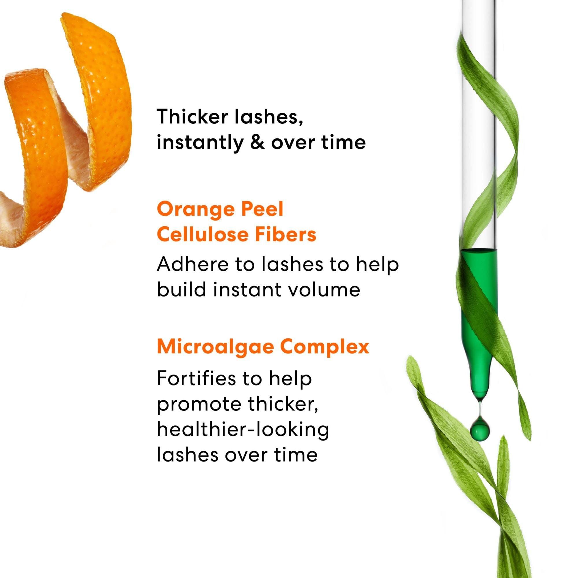 Graphique avec ingrédients : zeste d'orange, fibres de cellulose, complexe de microalgues. Liquide vert dégoulinant.