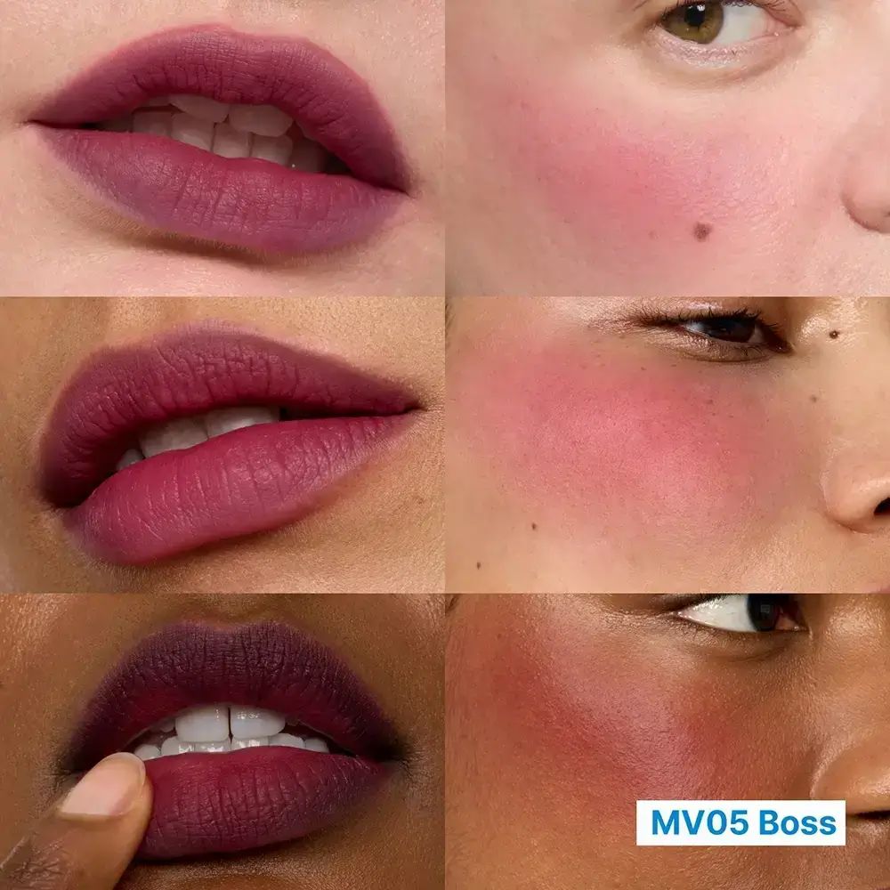 Verschillende lippen- en wangweergaven. MV05 Boss-tekst. Verschillende huidtinten.