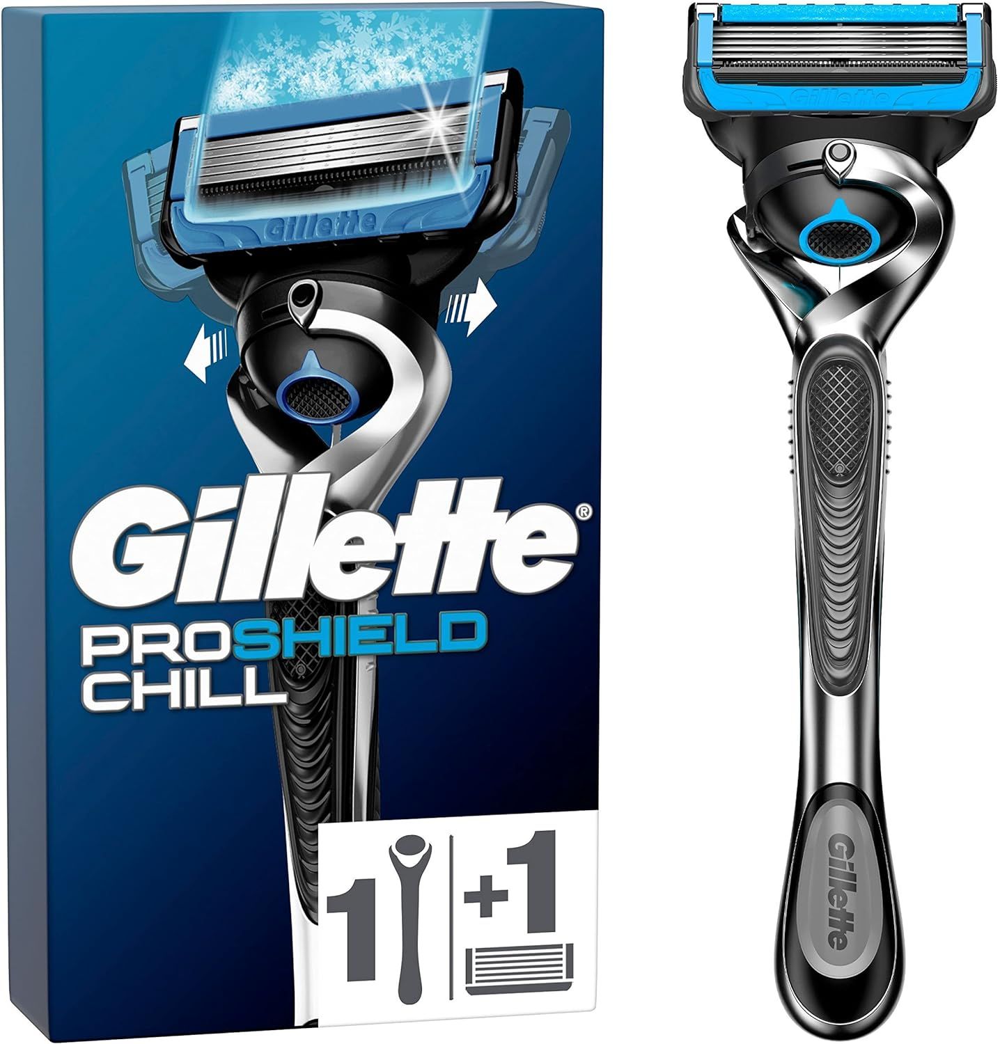 Rasoir humide Gillette ProShield Chill. Manche noir, accents bleus. Emballage avec rasoir et lames.