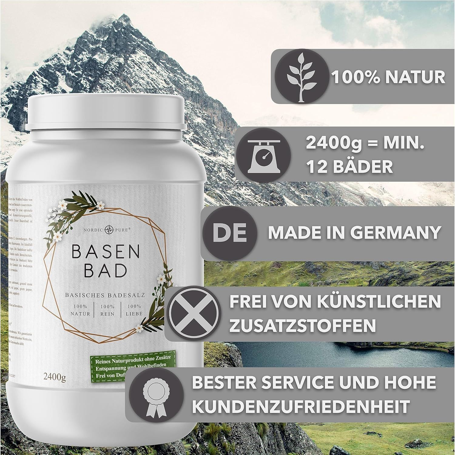 Récipient blanc "BASEN BAD" devant paysage montagneux. 2400g. 100% naturel. Fabriqué en Allemagne. Sans additifs artificiels.