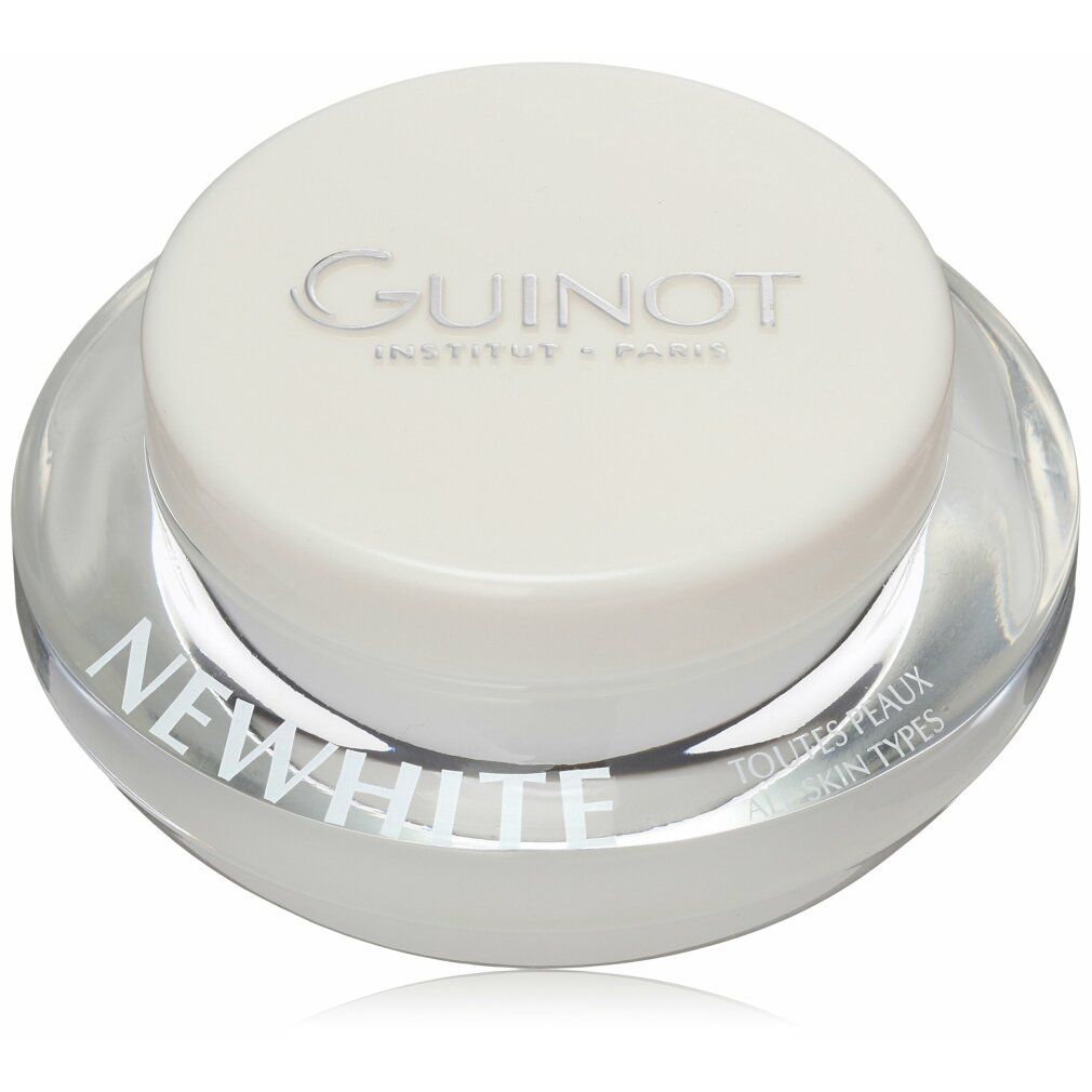 Crèmepot met witte deksel. "GUINOT" op de deksel. "NEWWHITE" eronder.