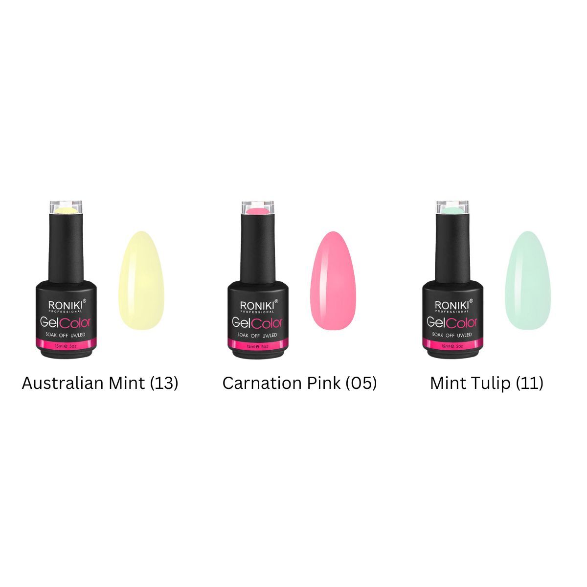 Trois flacons de vernis à ongles gel : Australian Mint, Carnation Pink, Mint Tulip.