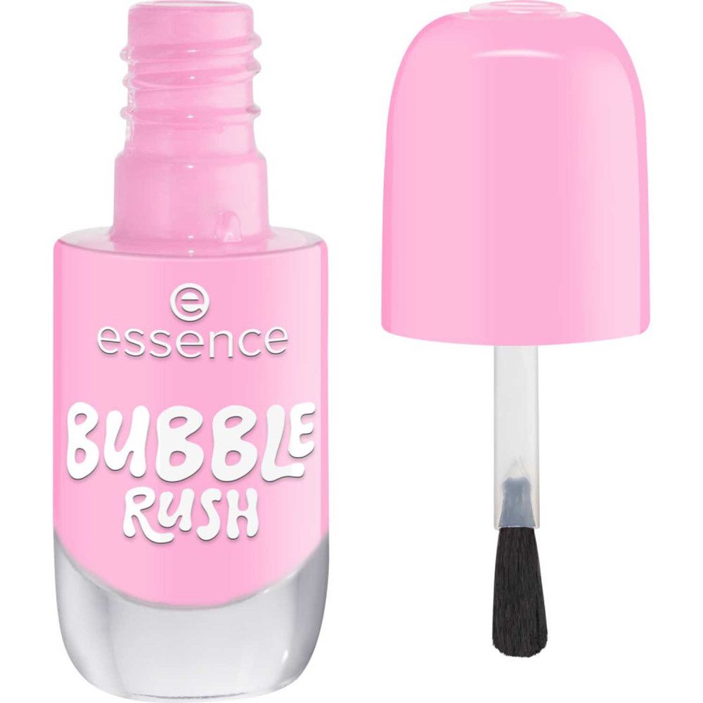 Flacon de vernis à ongles rose avec bouchon ouvert et pinceau. Le contenu du flacon est rose. "essence BUBBLE RUSH" est écrit sur le flacon.
