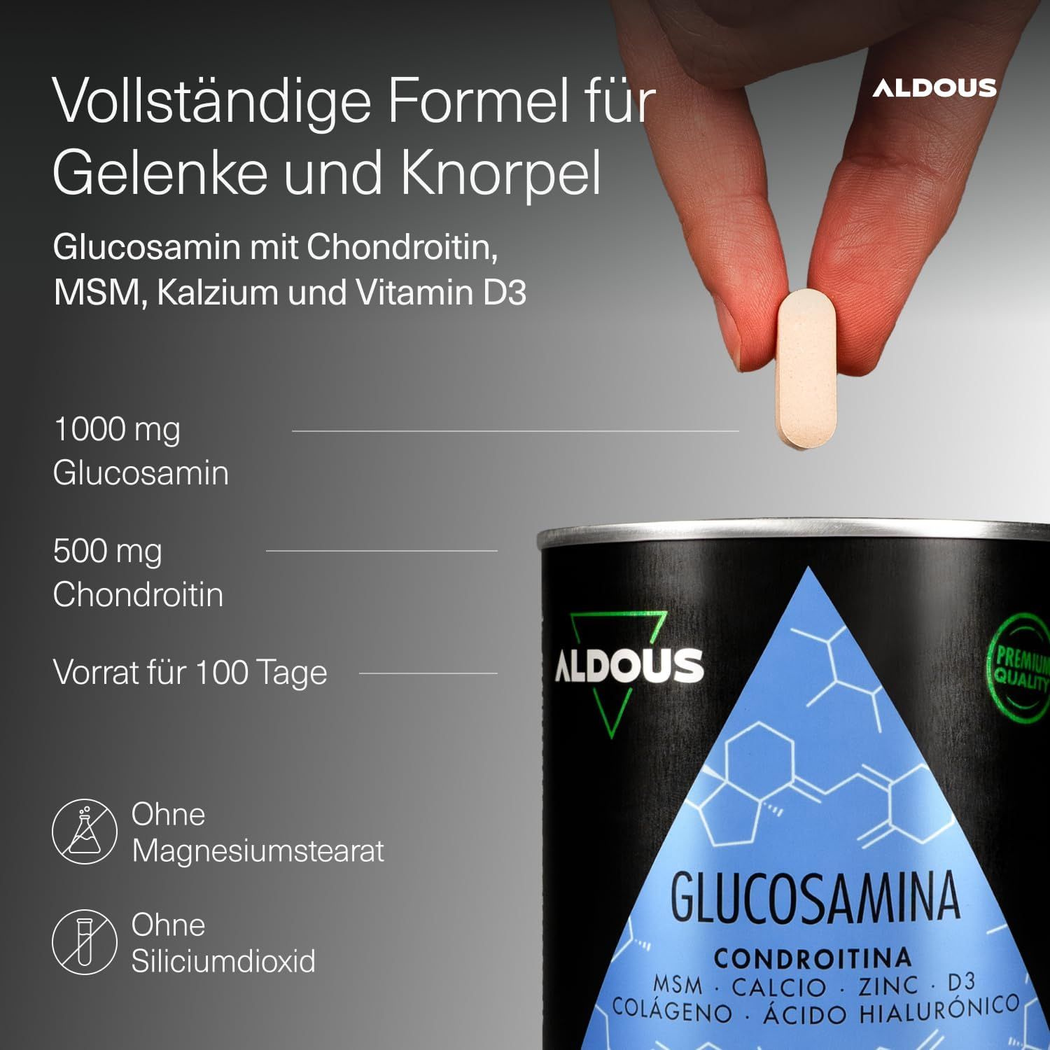 Boîte Aldous Glucosamin Chondroitin, 200 comprimés, avec informations nutritionnelles détaillées.