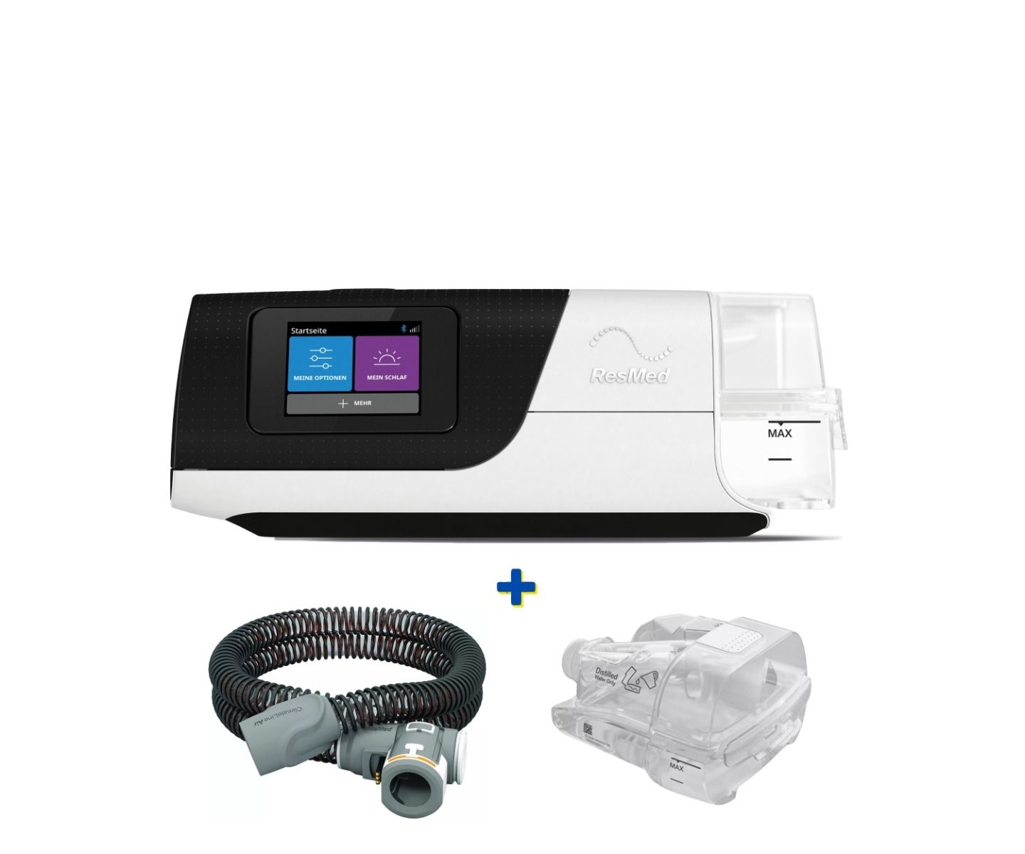 ResMed AirSense 11 met slang, bevochtiger en plus-symbool.