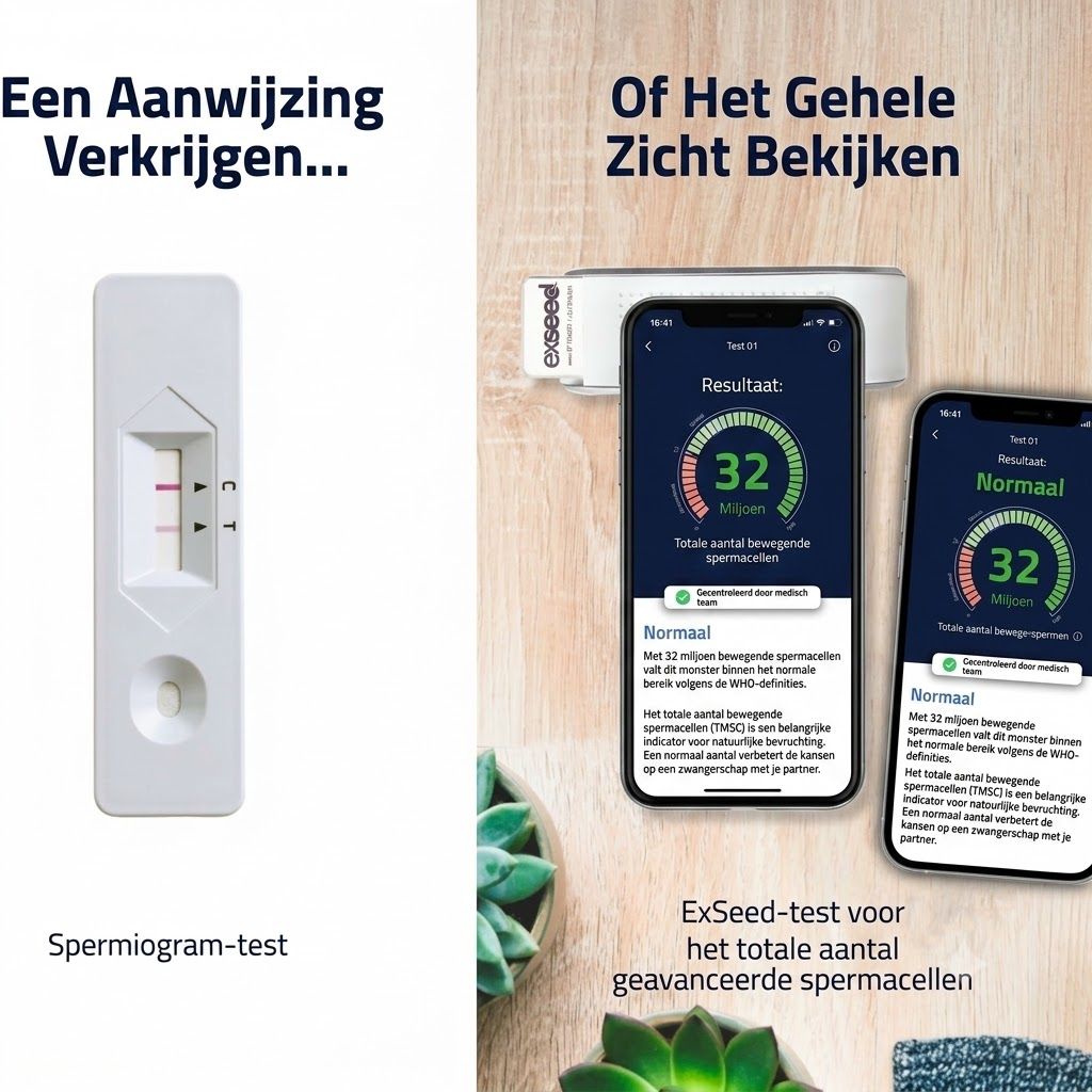 Een witte spermiogram-teststrip met twee roze lijnen die een resultaat aangeven.