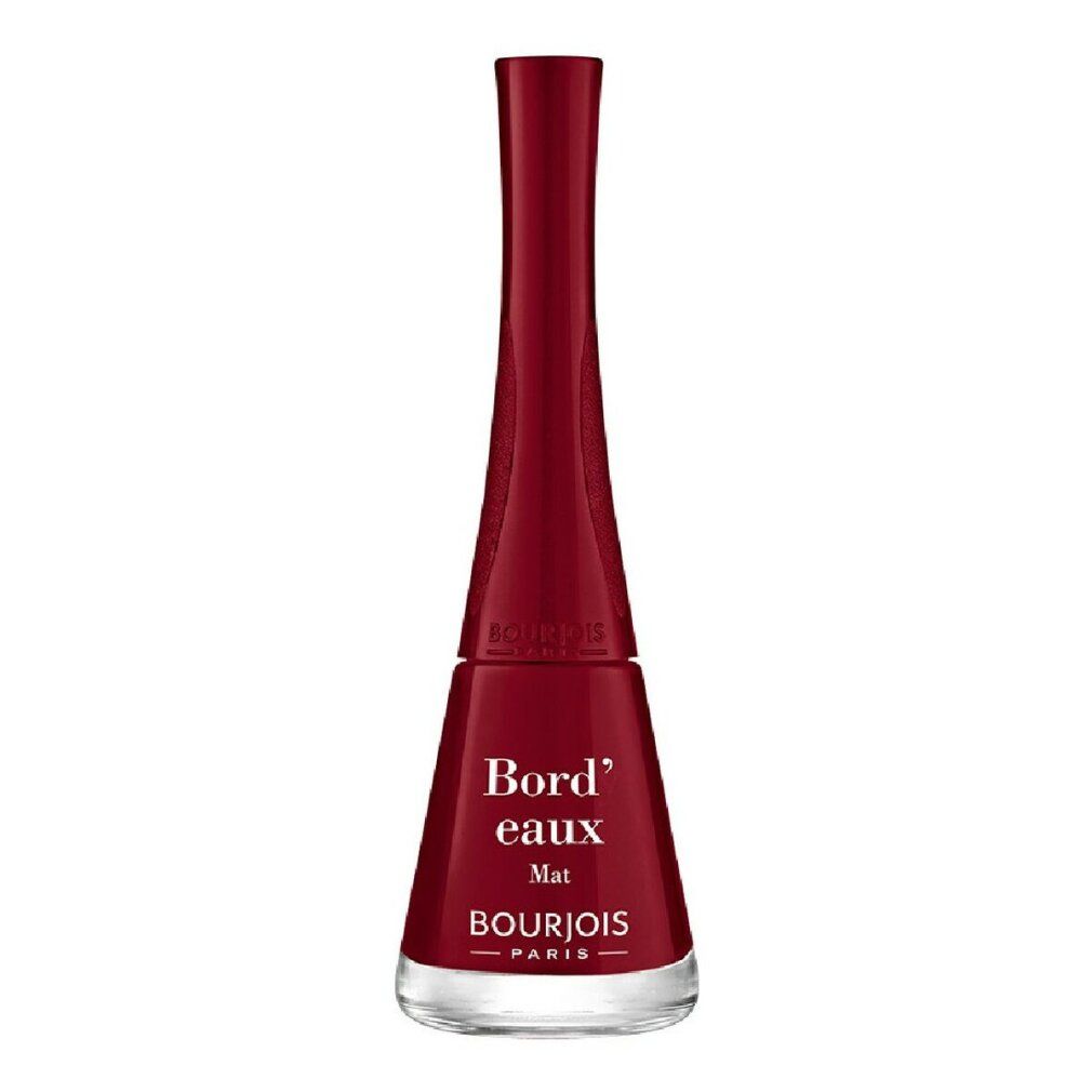 Vernis à ongles bordeaux en flacon, bouchon noir. Inscription: Bord'eaux Mat, Bourjois Paris.