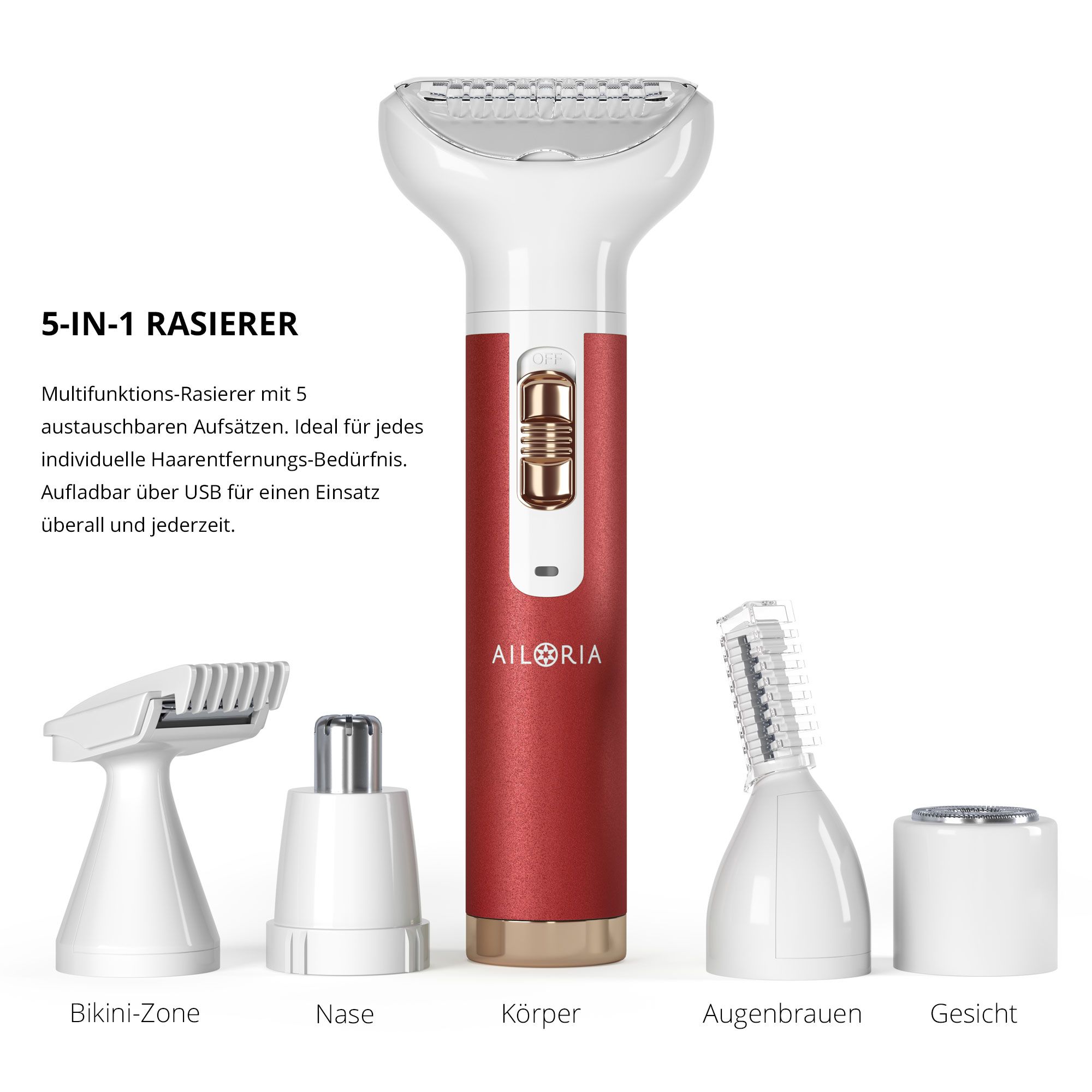 Rasoir avec manche rouge et accessoires. Texte : 5-EN-1 RASOIR. Têtes pour zone bikini, nez, corps, sourcils, visage. AILORIA.