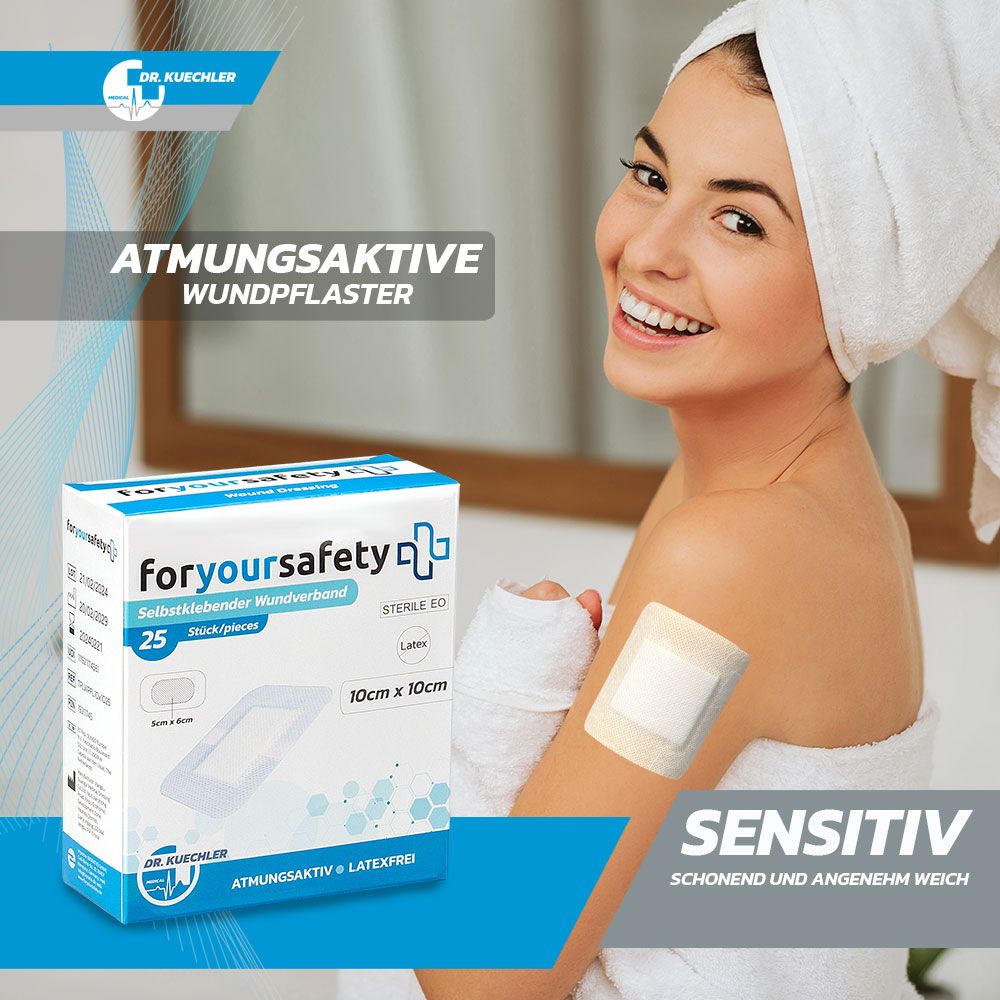 Vrouw met handdoek, pleister op arm. Ademende pleisters, gevoelig. Merk: Dr. Kuechler.