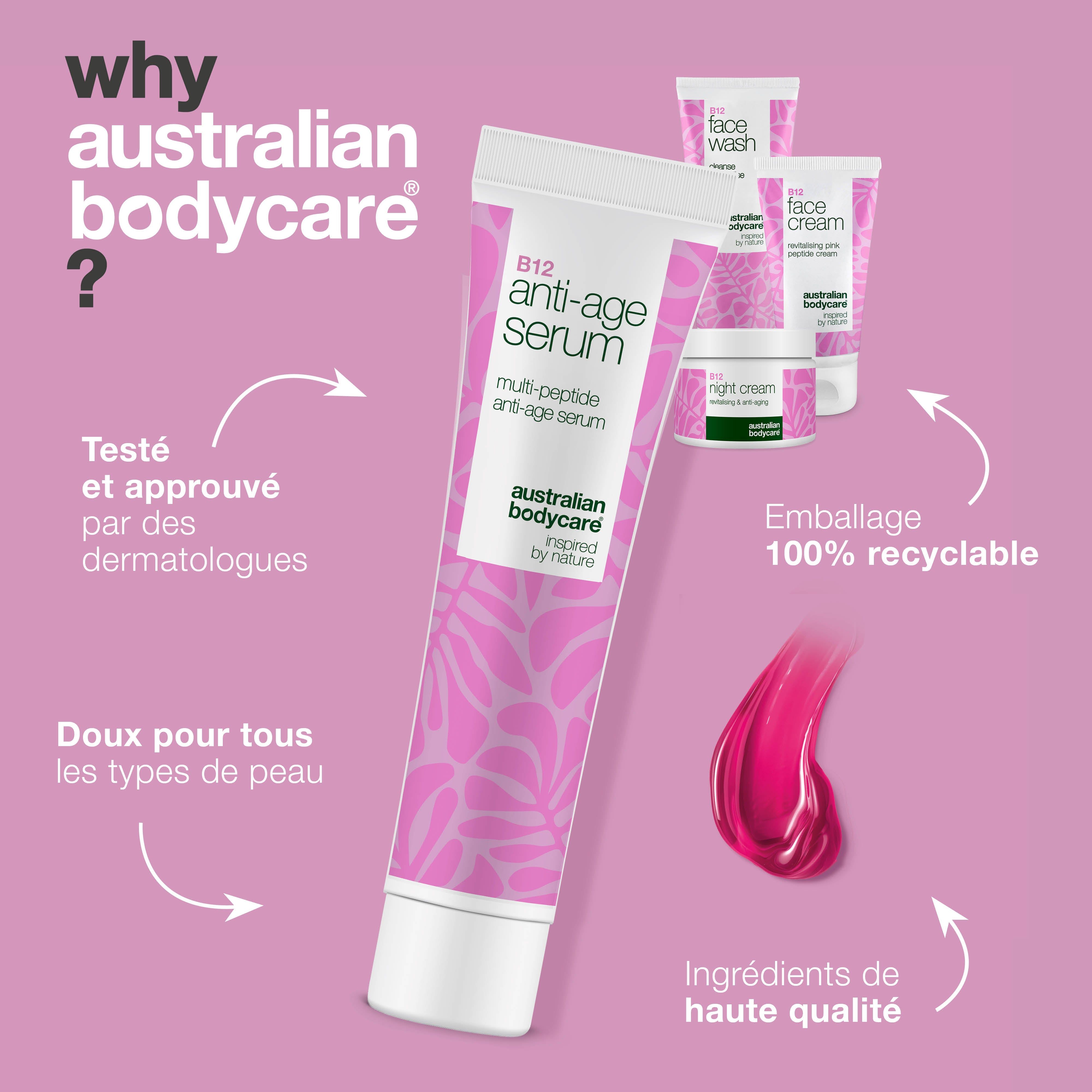 Tube de sérum anti-âge, goutte de liquide rose, produits en arrière-plan. Texte : testé dermatologiquement, tous types de peau.