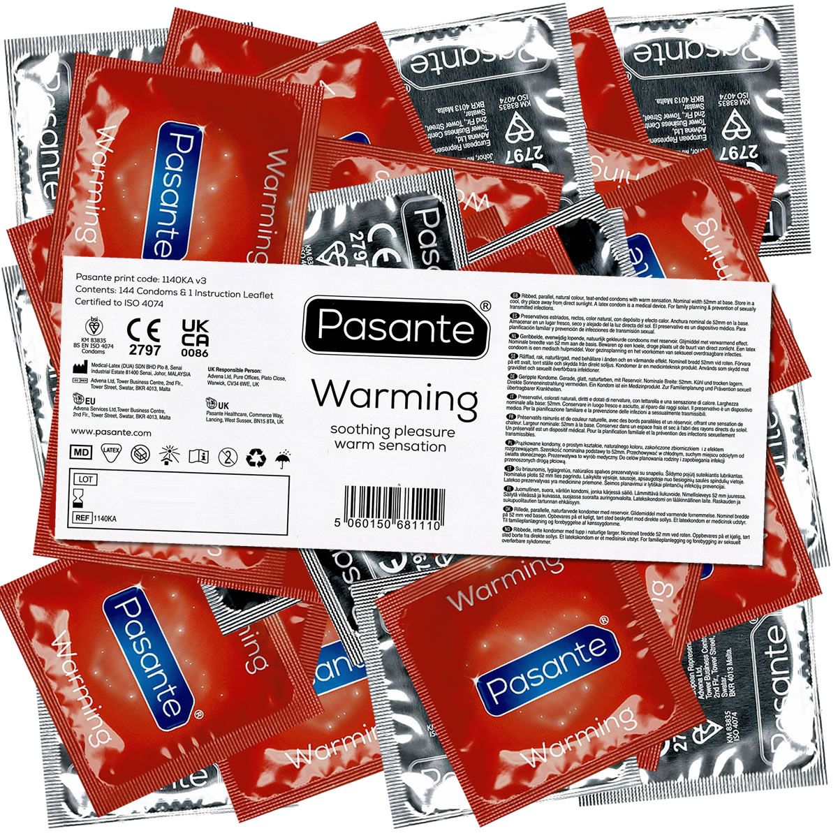 Préservatifs Pasante Warming éparpillés. Informations produit et marquage CE visibles.