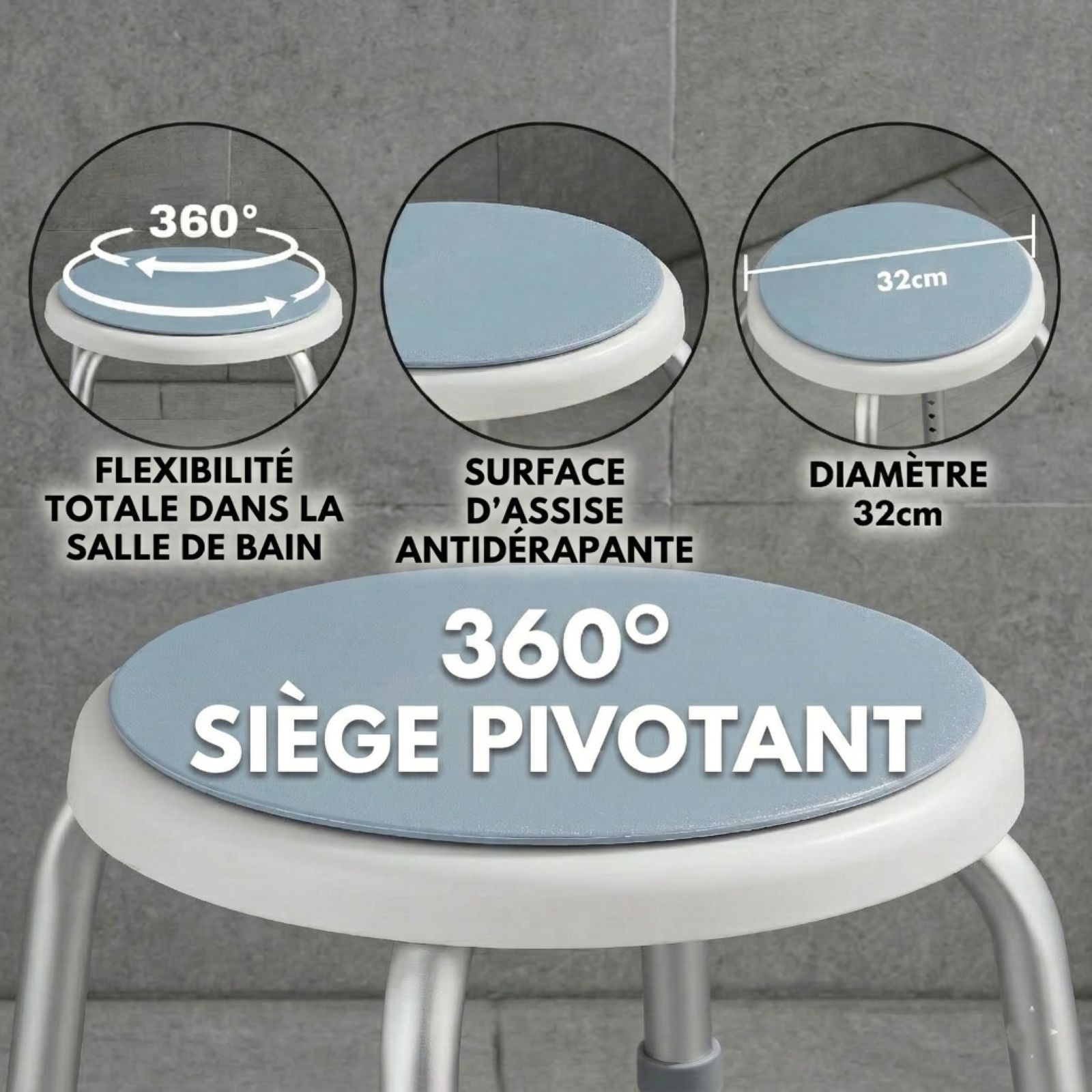Tabouret de douche avec siège pivotant. Diamètre 32cm. Surface d'assise antidérapante.