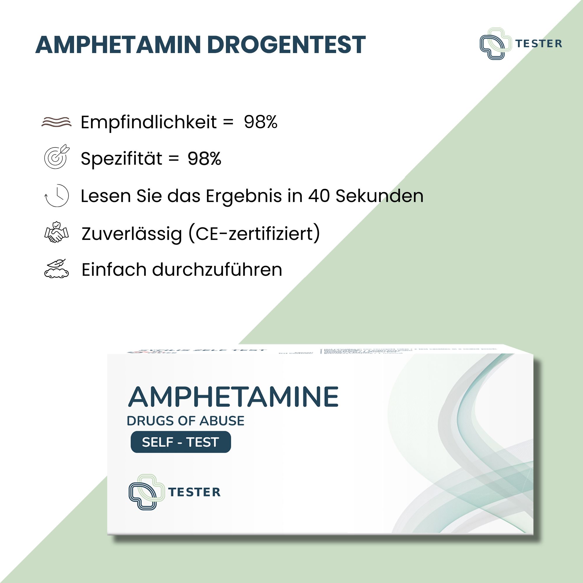 Boîte de test de dépistage. "Amphetamin Drogentest" et texte avec symboles et pourcentages. Certifié CE.