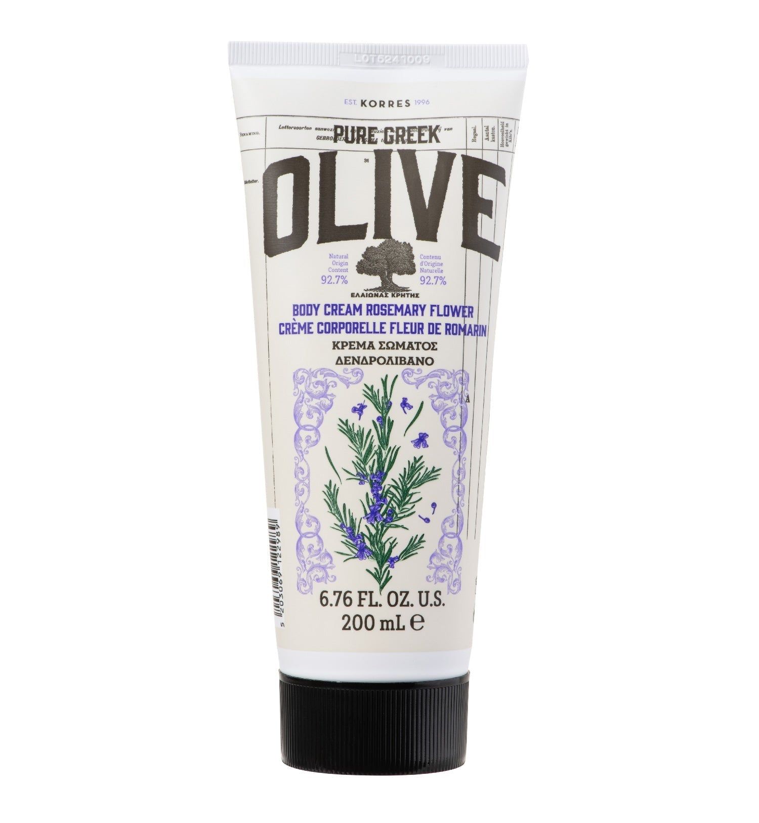 Tube de crème pour le corps OLIVE ROSEMARY FLOWER. Contient 200 ml. Marque KORRES.