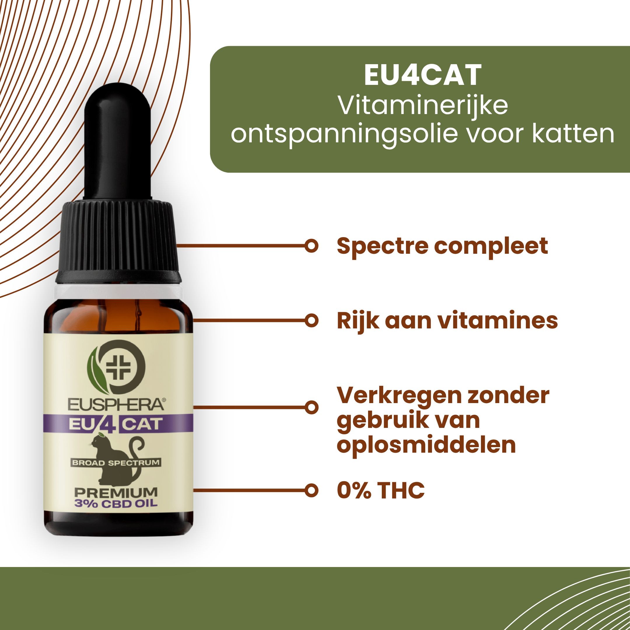 Bruine fles met pipet. Tekst: EU4CAT, 3% CBD Oil. Diagram met info: Volledig spectrum, rijk aan vitaminen.