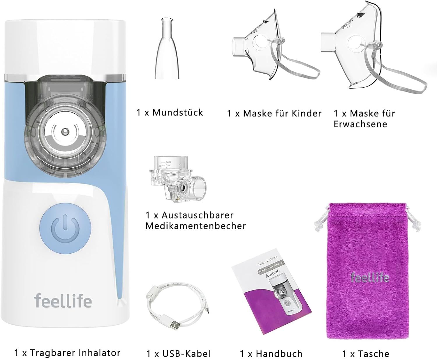 Nébuliseur avec accessoires : embout buccal, masques, gobelet médicament, câble USB, manuel, sac. Bleu et blanc.