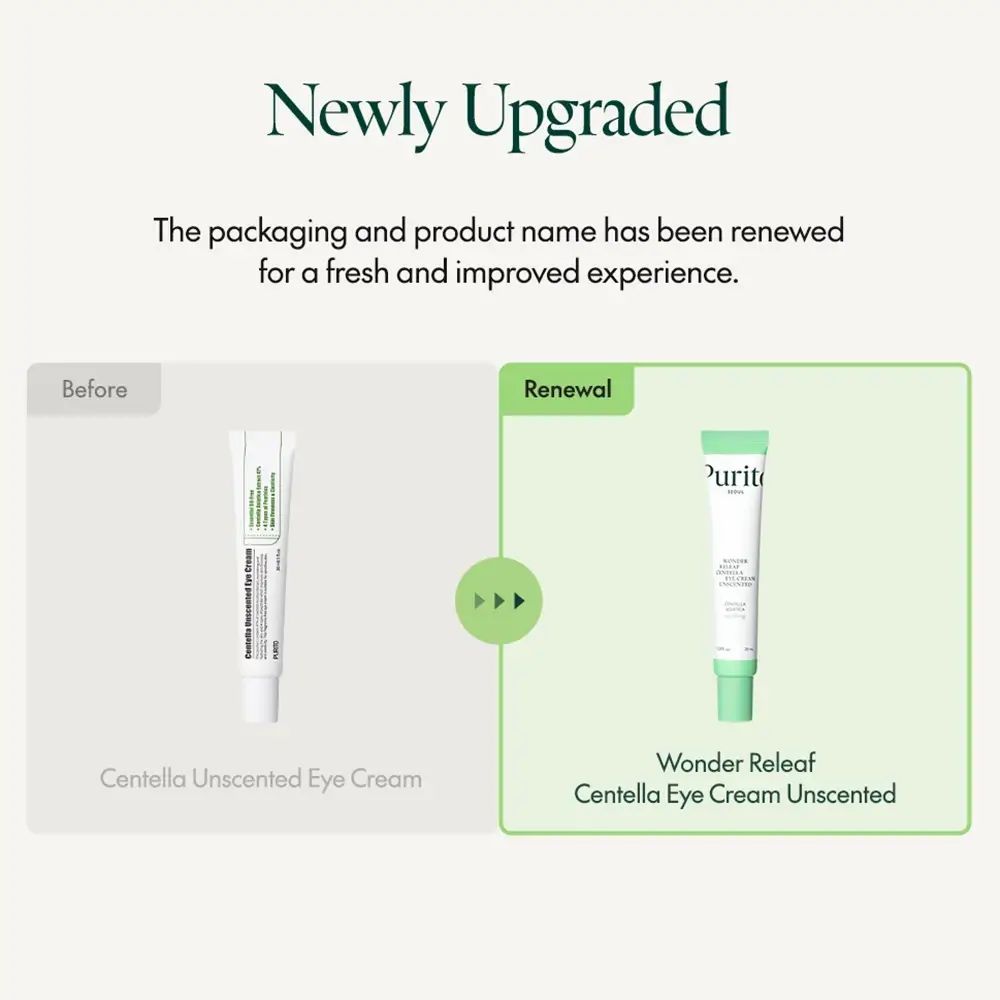 Comparaison de deux tubes de crème pour les yeux. Gauche : Centella Unscented Eye Cream. Droite : PURITO Wonder Releaf Centella Eye Cream Unscented. Texte : Newly Upgraded.