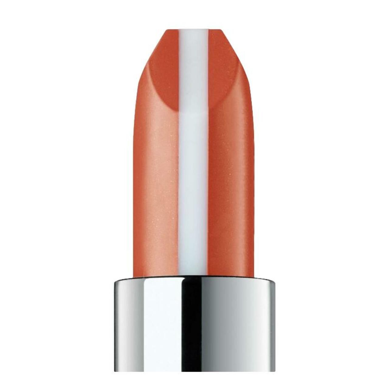 Gros plan sur le rouge à lèvres. Couleur orange-rose avec une bande blanche au centre.