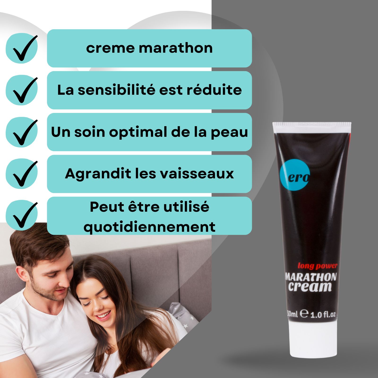 Couple s'embrassant. À côté du tube et de la boîte. Inscription: Marathon Cream. Marque: ero. 30ml.