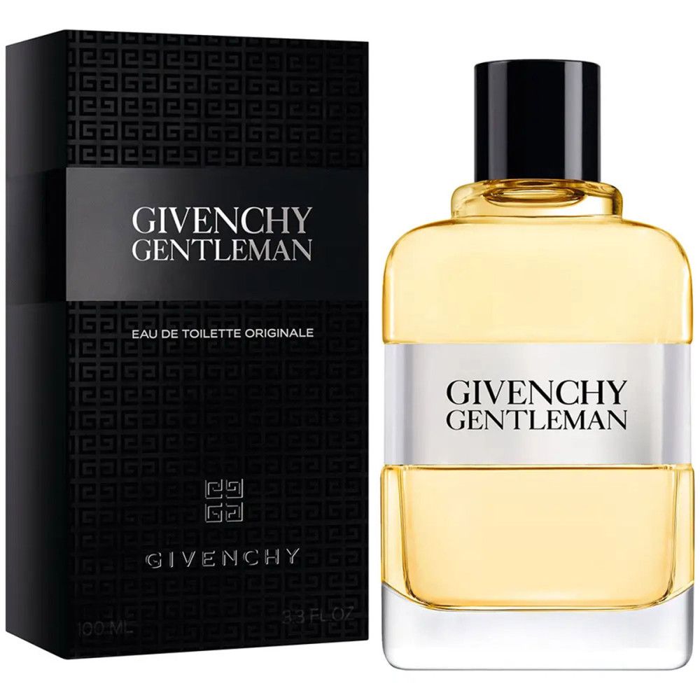 Givenchy Gentleman Eau de Toilette. Fles en verpakking. Zwarte doos met logo. Rechthoekige fles, witte band en logo.