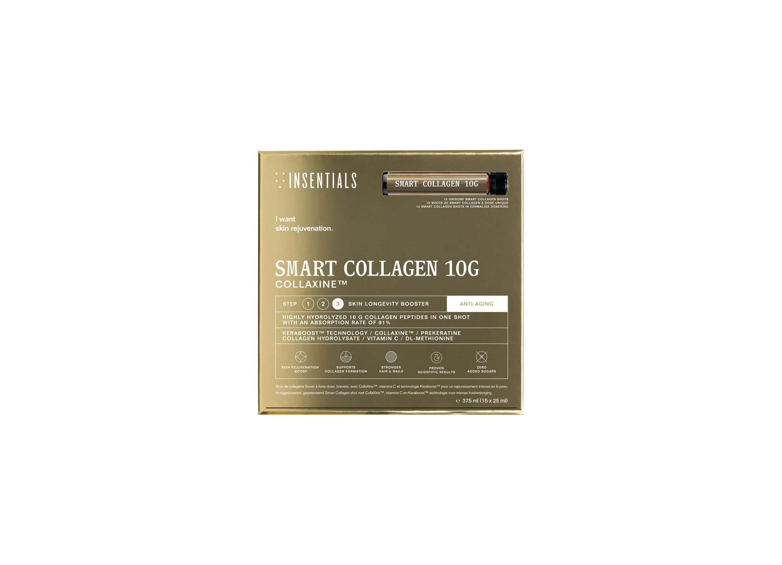 Gouden verpakking voor Smart Collagen 10g, met een enkele ampul en productinformatie.