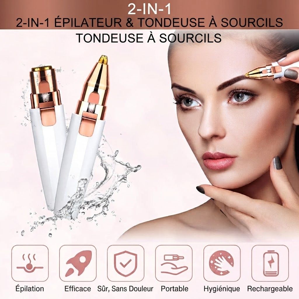 Deux taille-sourcils blancs et dorés, l'un avec un capuchon. Une femme en utilise un.