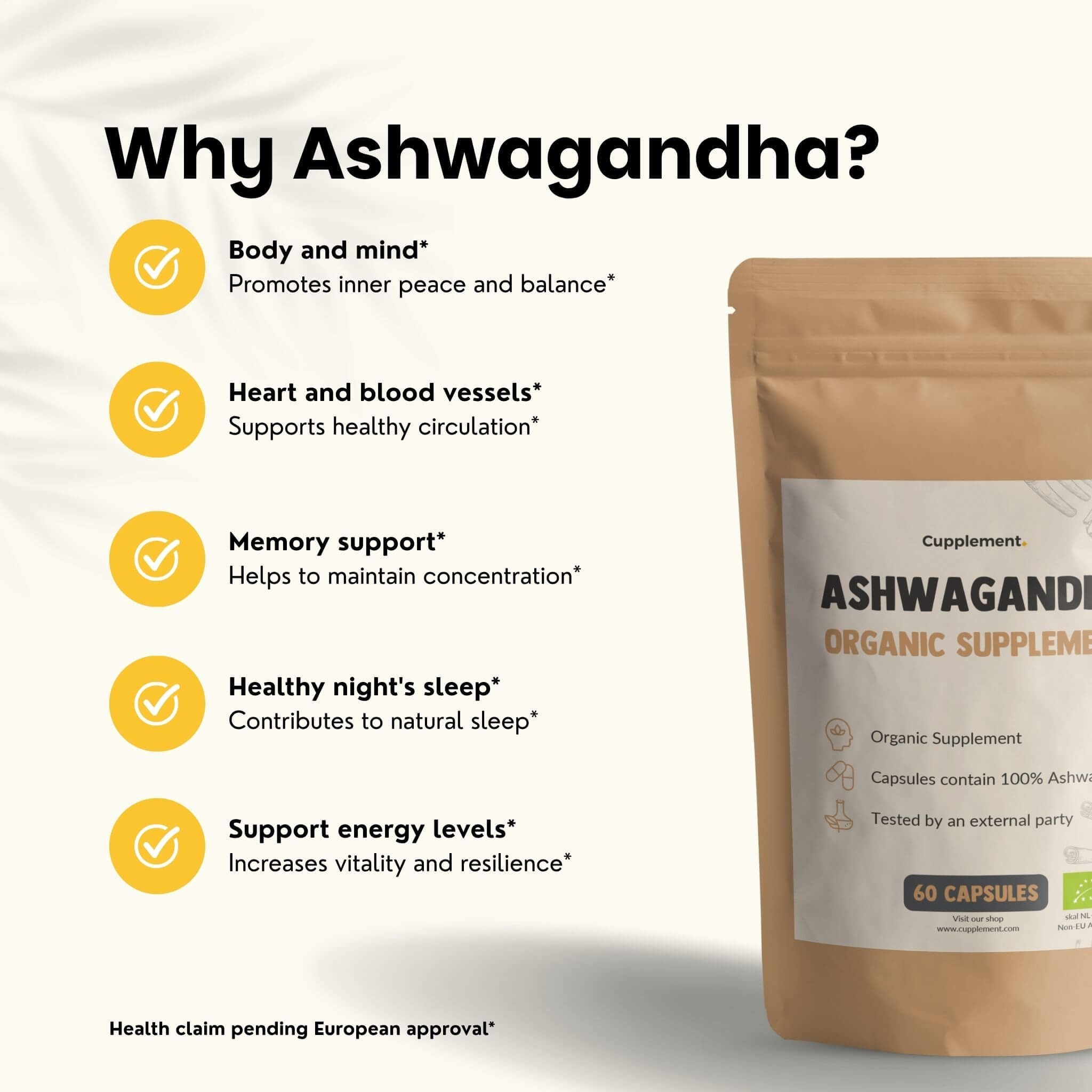 Sachet de gélules d'Ashwagandha. Texte : Ashwagandha Organic Supplement. 60 gélules. Marques jaunes avec texte.