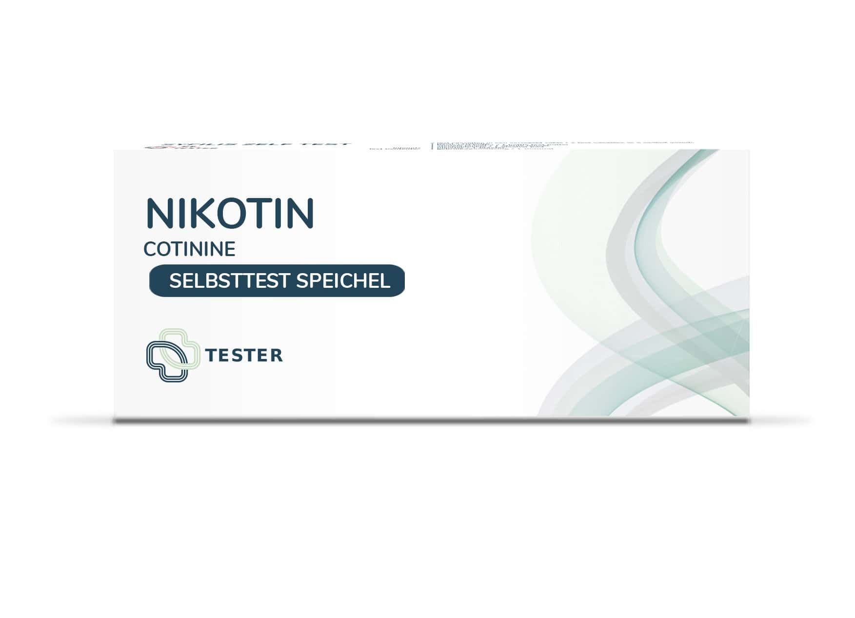 Witte doos met tekst "NIKOTIN COTININE SELBSTTEST SPEICHEL". Afbeelding van een tester. Golfpatroon.