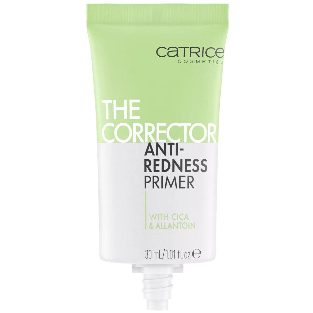 Tube vert avec texte blanc. Contient "The Corrector Anti-Redness Primer" et "Catrice Cosmetics". 30 ml.